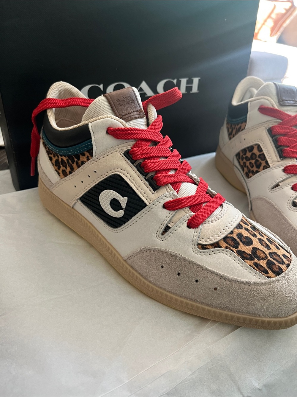 COACH White & Leopard Low-Top Sneakers with Red Laces